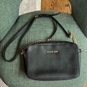 Michael Kors Jet Set Large Saffiano Leather Crossbody Bag chain link black purse